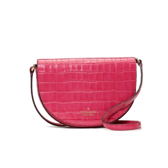 New Kate Spade Luna Crescent Crossbody Croco Embossed Leather Festive Pink - Picture 1 of 5